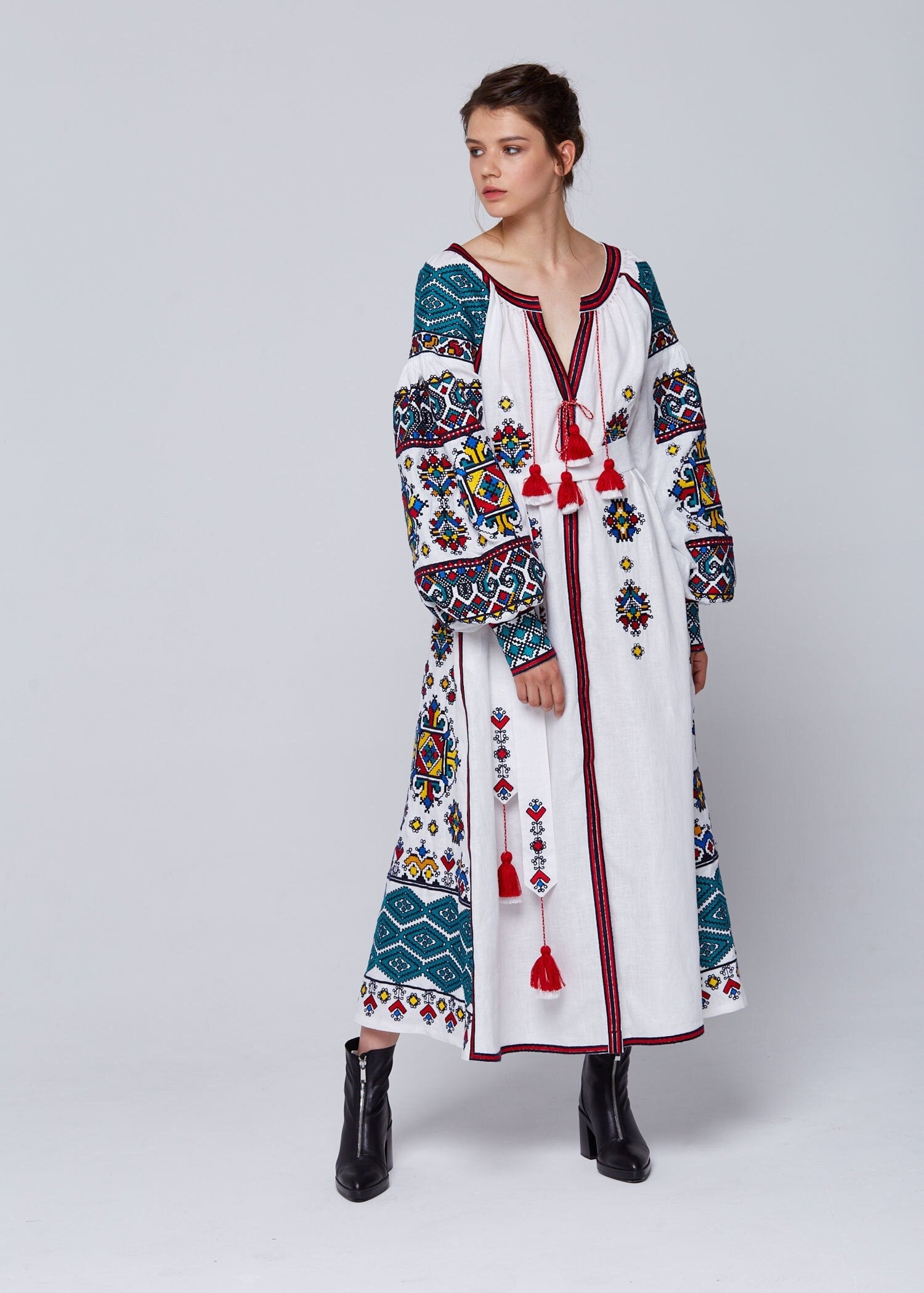 White Linen Embroidered Ukrainian Vyshyvanka Wedding Dress