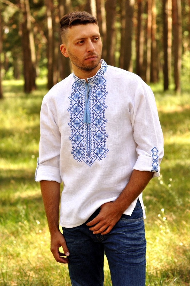 Ukrainian Vyshyvanka Men's White Linen Shirt with Red and Black Embroidery