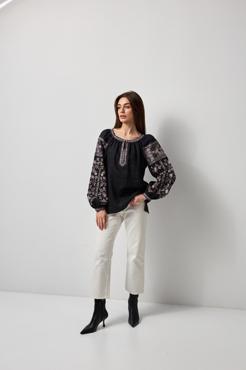 Black Ukrainian Vyshyvanka Blouse - Embroidered Women’s Shirt for Easter