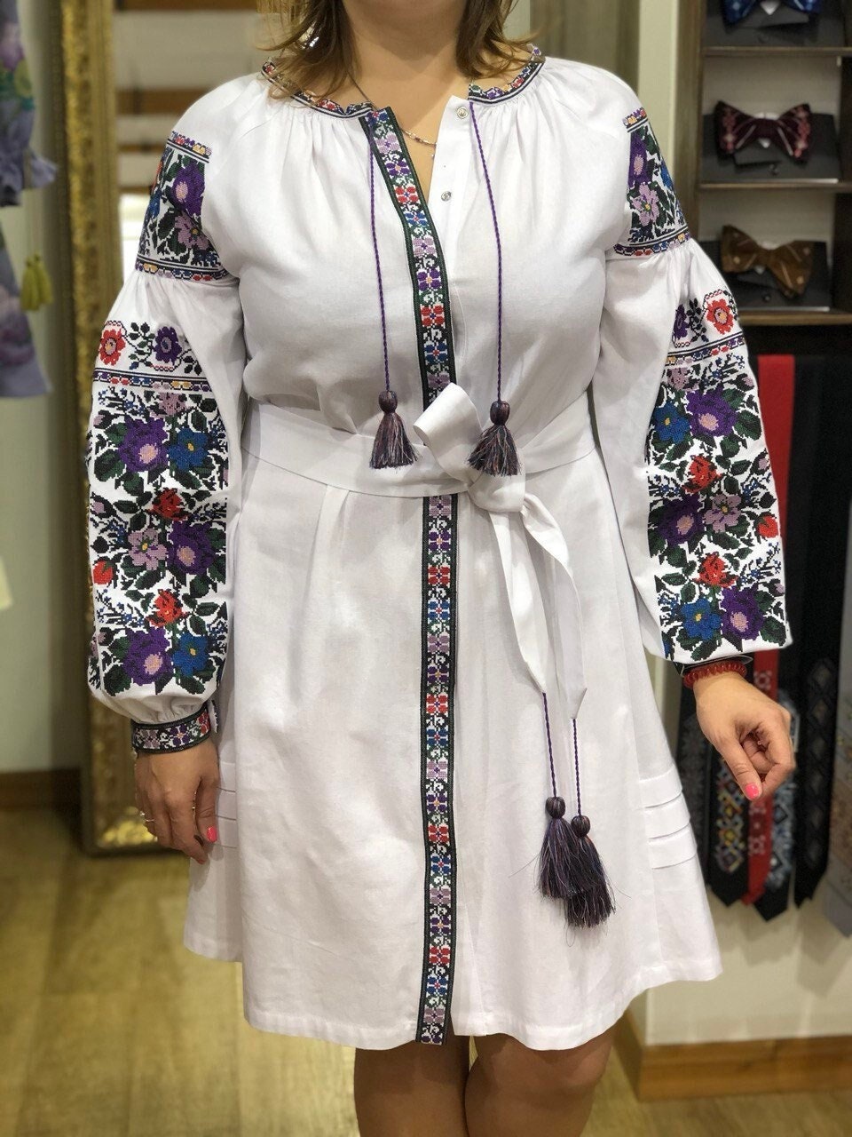 White Ukrainian Embroidered Vyshyvanka Dress - Boho Ukrainian Folk Style