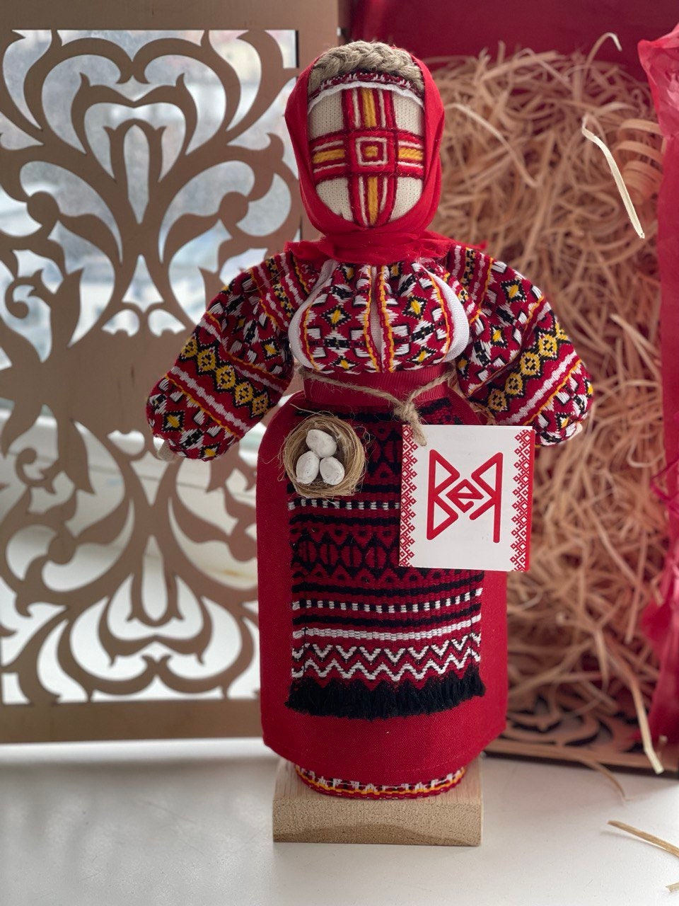 Unique Handmade Motanka Doll on Wooden Stand - Ukrainian Artisan, Perfect for Mother's Day