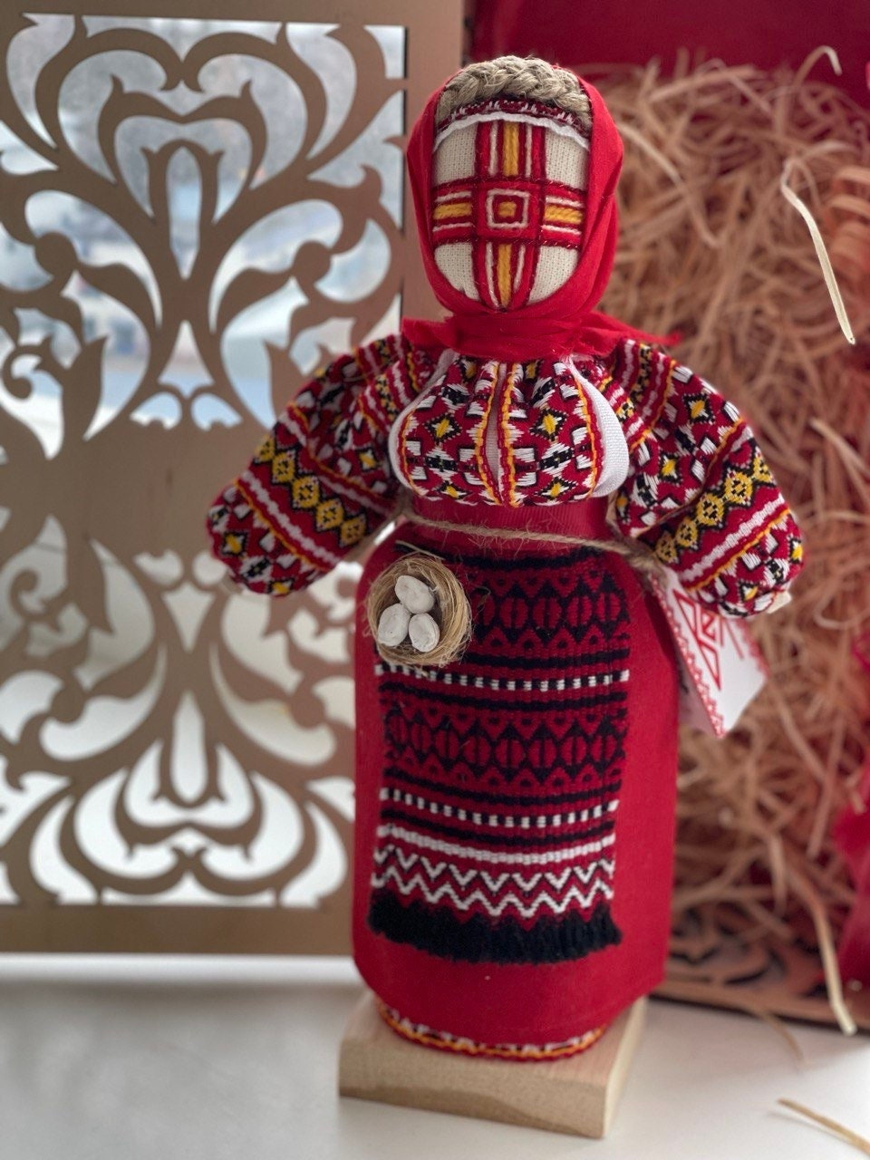 Unique Handmade Motanka Doll on Wooden Stand - Ukrainian Artisan, Perfect for Mother's Day