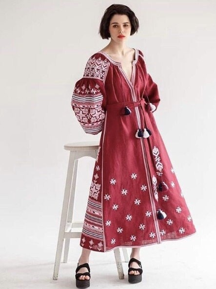 Embroidered Ukrainian Vyshyvanka Dress in Burgundy – Women's Linen Fashion