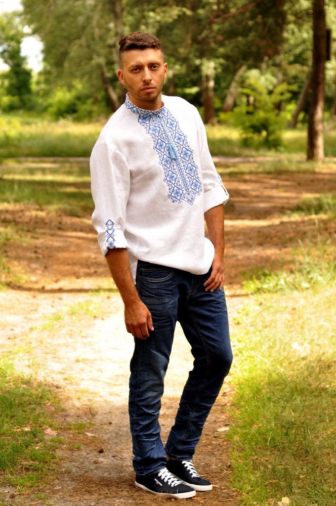 Ukrainian Vyshyvanka Men's White Linen Shirt with Red and Black Embroidery