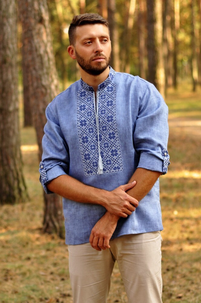 Blue Ukrainian Vyshyvanka Linen Shirt for Men