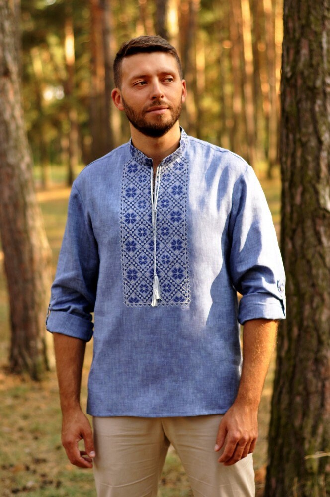 Blue Ukrainian Vyshyvanka Linen Shirt for Men