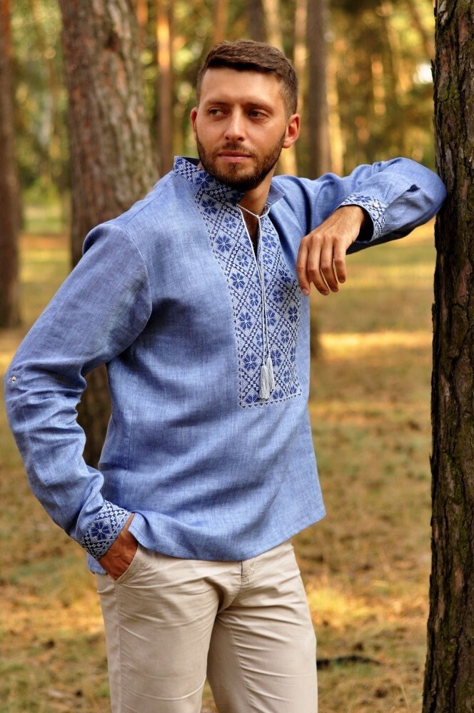 Blue Ukrainian Vyshyvanka Linen Shirt for Men