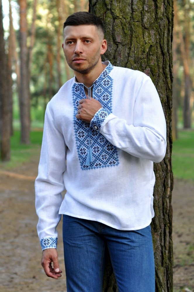 Modern White Linen Ukrainian Vyshyvanka Embroidered Men's Shirt