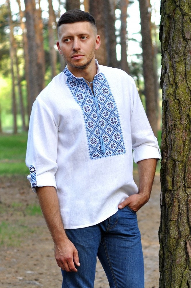 Modern White Linen Ukrainian Vyshyvanka Embroidered Men's Shirt
