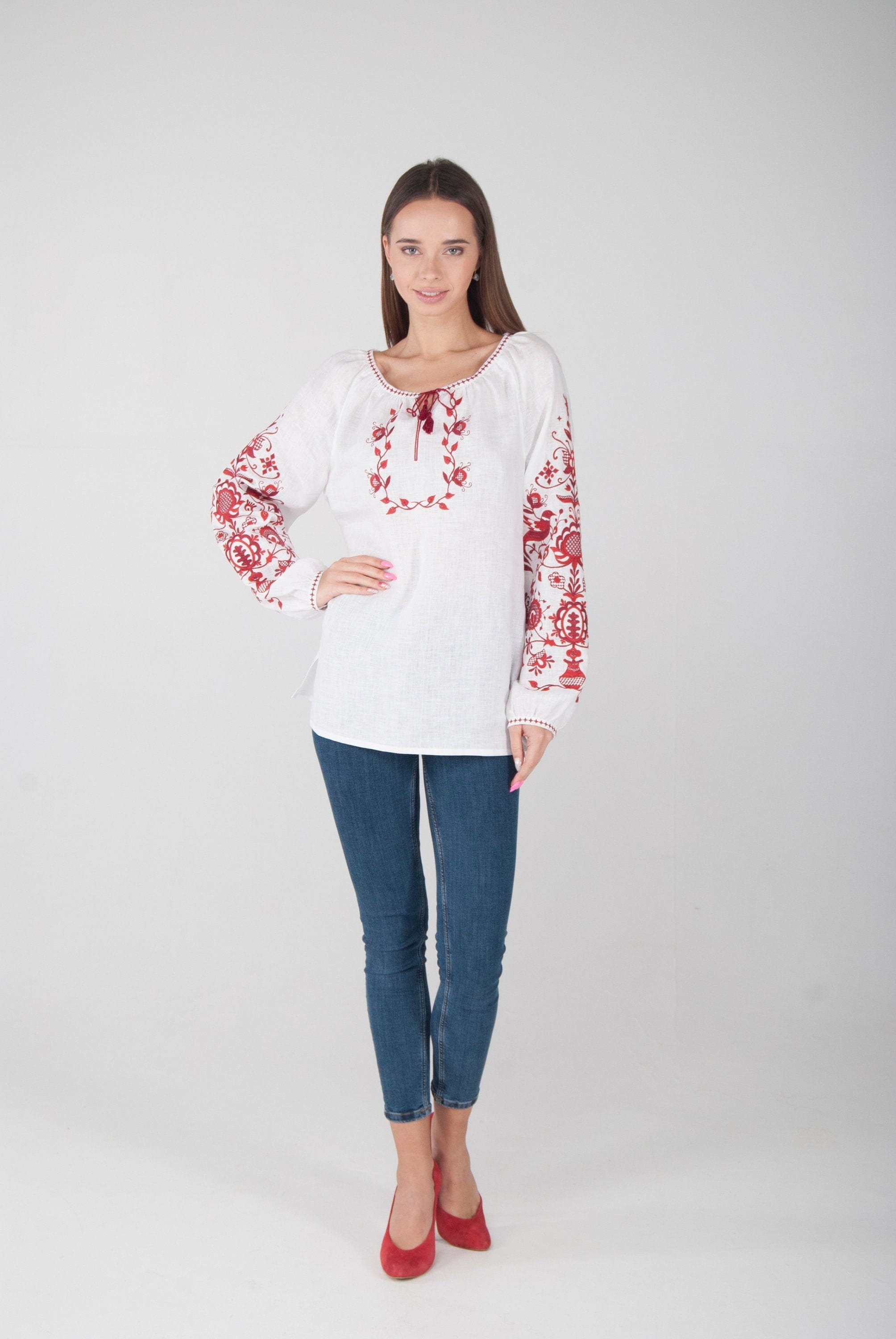 Embroidered Ukrainian Vyshyvanka Blouse - Tree of Life White Linen Shirt for Women