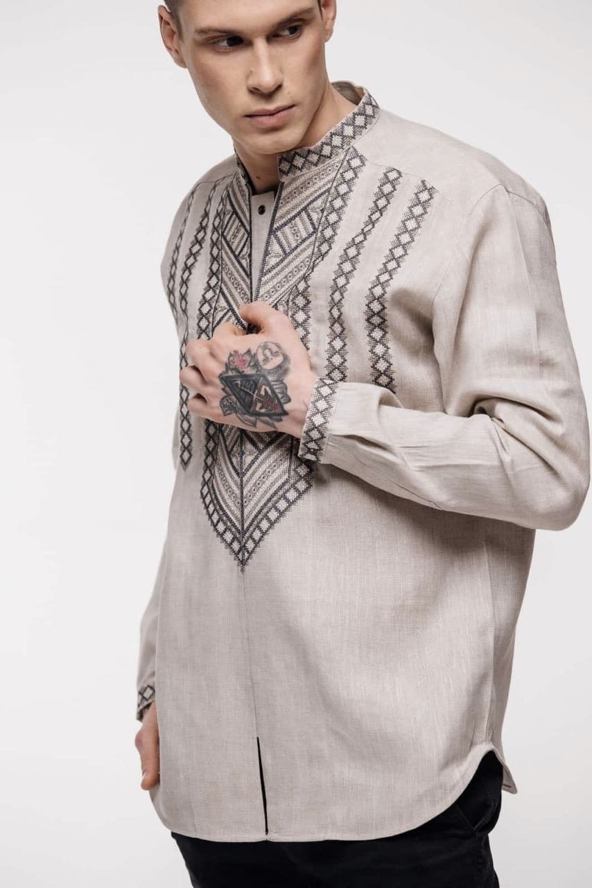 Beige Gray Men's Ukrainian Linen Vyshyvanka Shirt