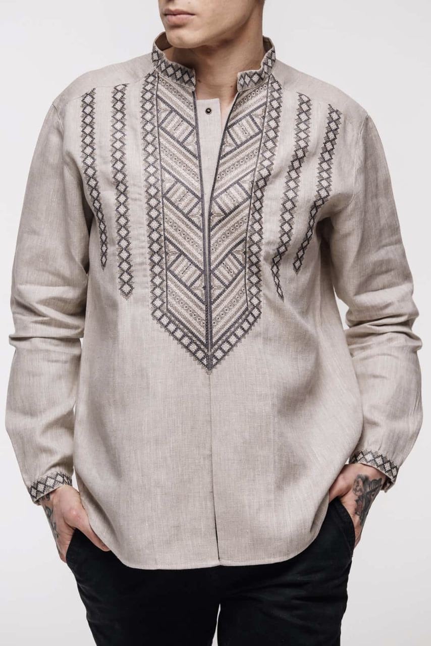 Beige Gray Men's Ukrainian Linen Vyshyvanka Shirt