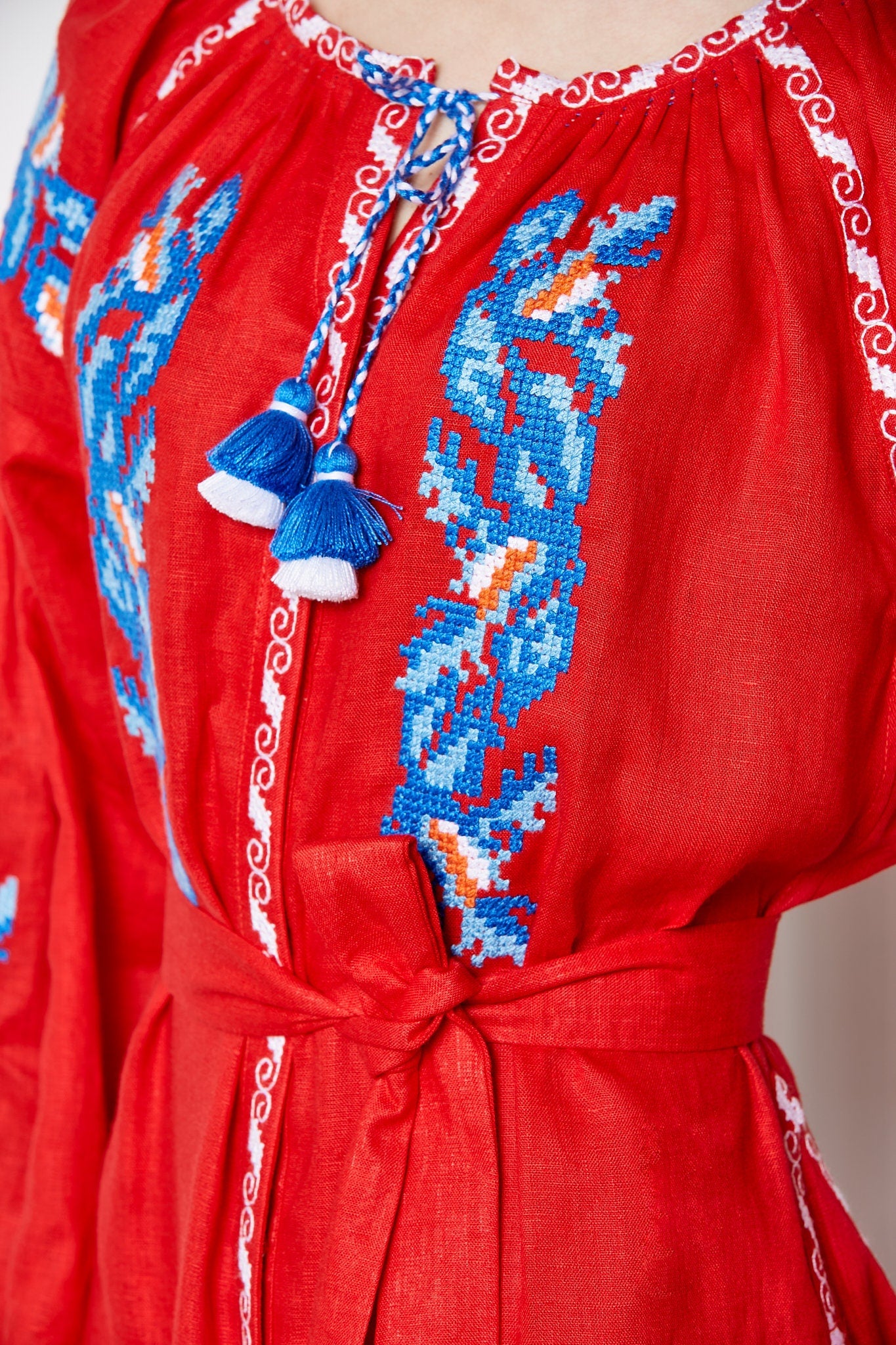 Red Linen Wedding Dress, Ukrainian Vyshyvanka - Boho Style