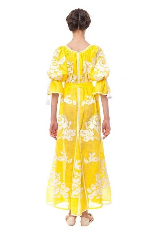 Yellow Linen Ukrainian Vyshyvanka Wedding Dress - Boho Style