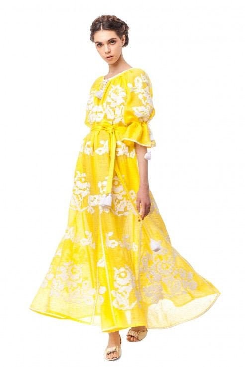 Yellow Linen Ukrainian Vyshyvanka Wedding Dress - Boho Style