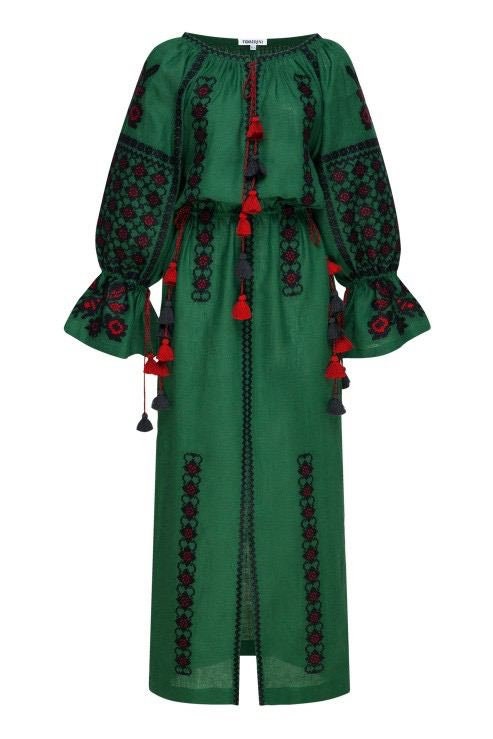 Green Linen Wedding Dress | Ukrainian Vyshyvanka Boho Style