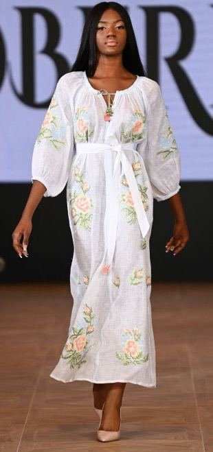 Black Ukrainian Embroidered Linen Boho Dress for Women