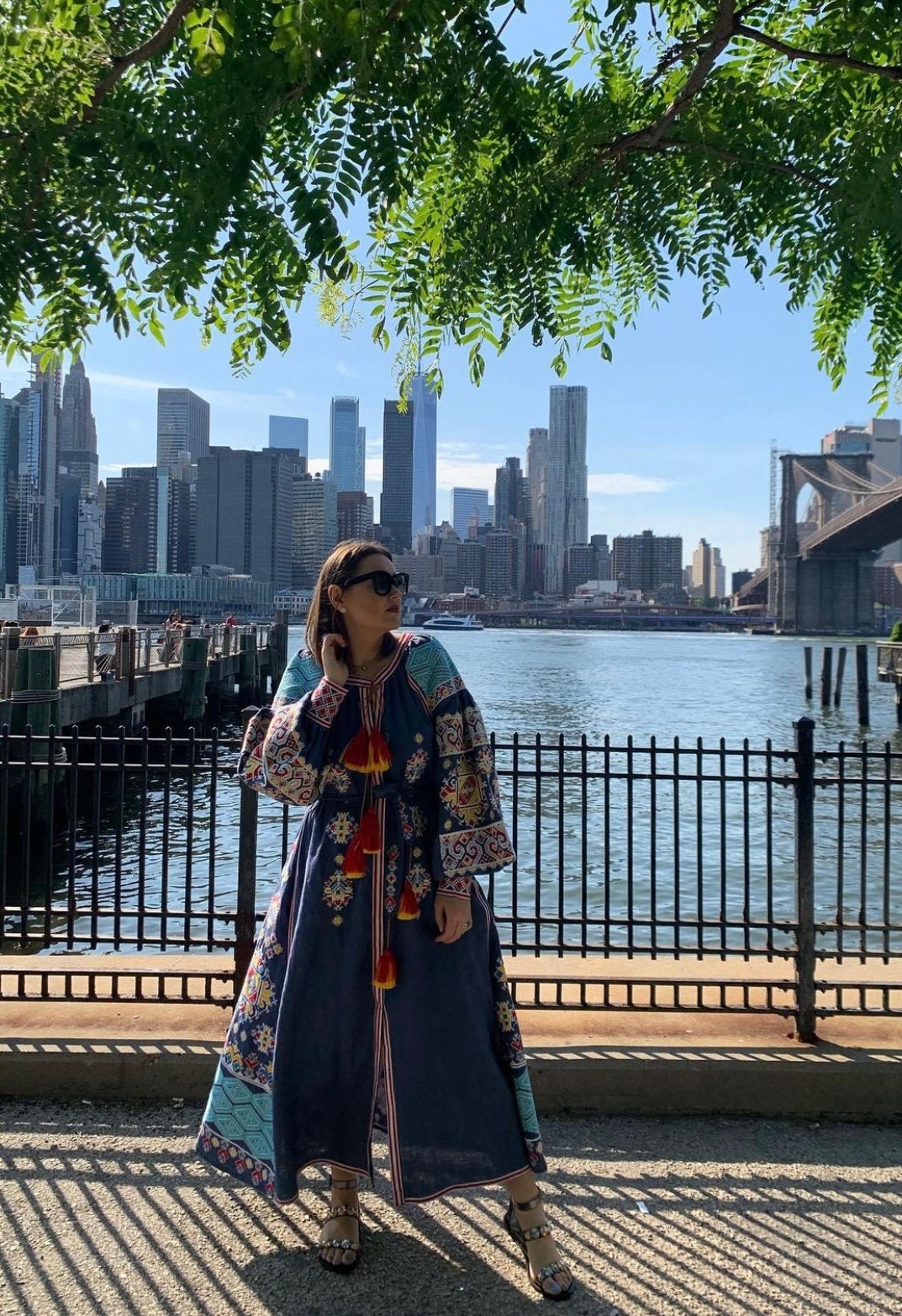 Ukrainian Embroidered Blue Boho Linen Dress for Women