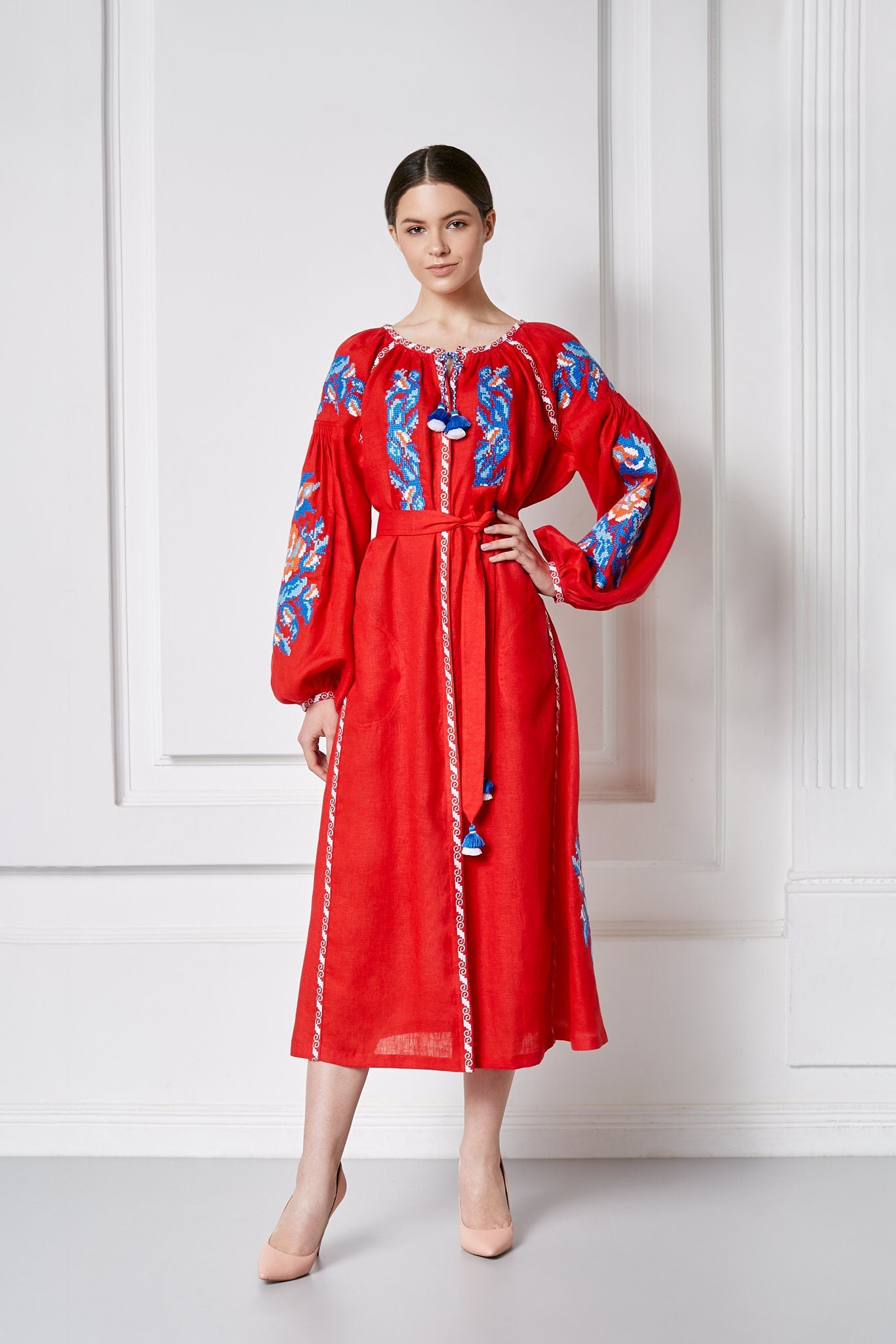 Red Linen Wedding Dress, Ukrainian Vyshyvanka - Boho Style
