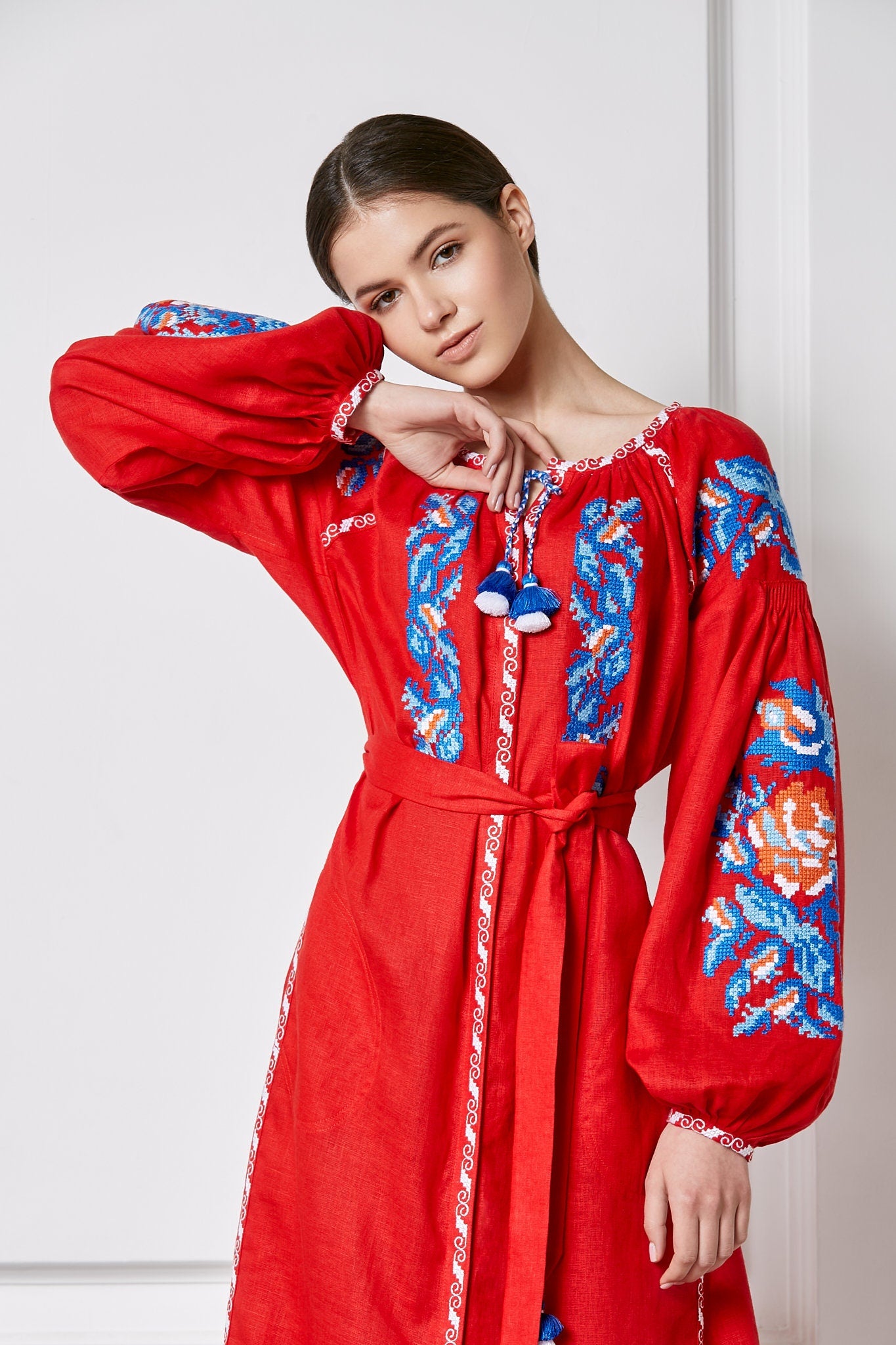 Red Linen Wedding Dress, Ukrainian Vyshyvanka - Boho Style