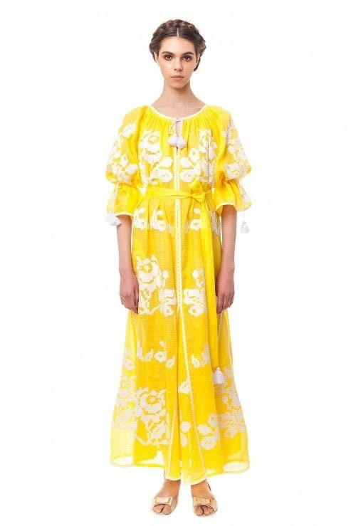 Yellow Linen Ukrainian Vyshyvanka Wedding Dress - Boho Style