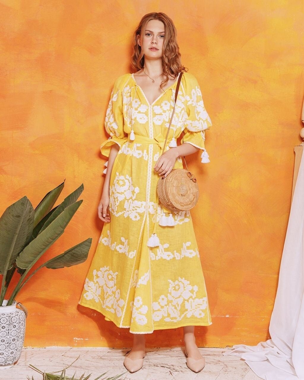 Yellow Linen Ukrainian Vyshyvanka Wedding Dress - Boho Style