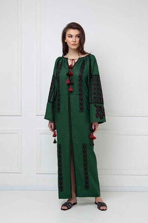 Green Linen Wedding Dress | Ukrainian Vyshyvanka Boho Style