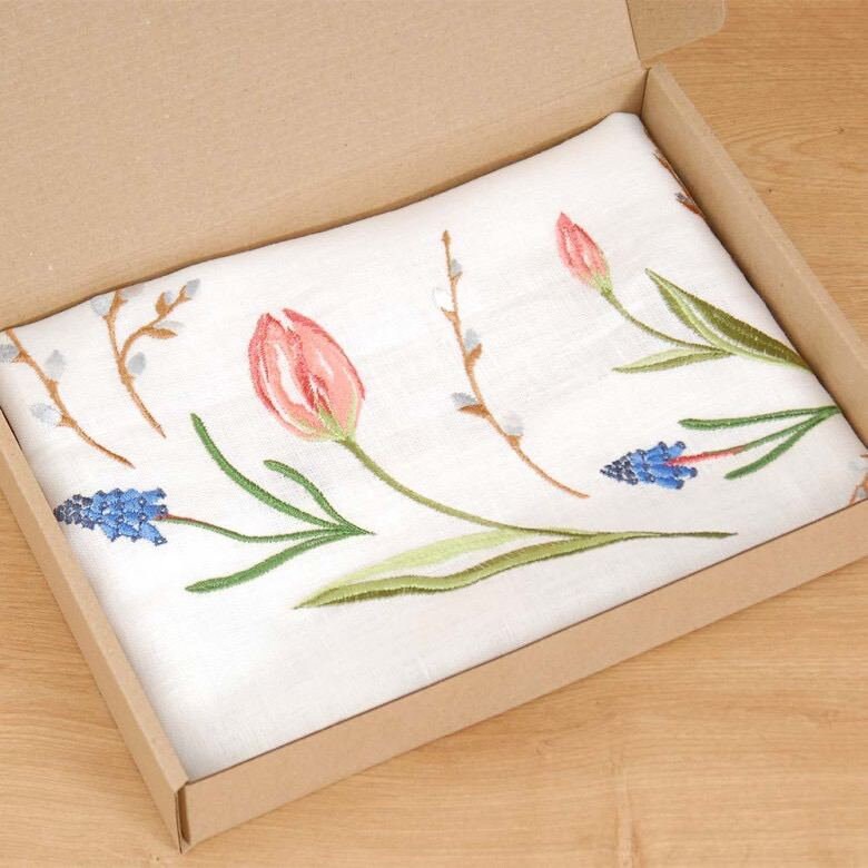 Tablecloth "TULIPS" 65*65СМ, Embroidered White Ukrainian Embroidered Easter Gift for Mom Ukraine seller MOTHERS DAY