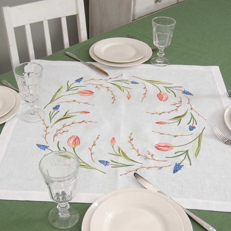 Tablecloth "TULIPS" 65*65СМ, Embroidered White Ukrainian Embroidered Easter Gift for Mom Ukraine seller MOTHERS DAY