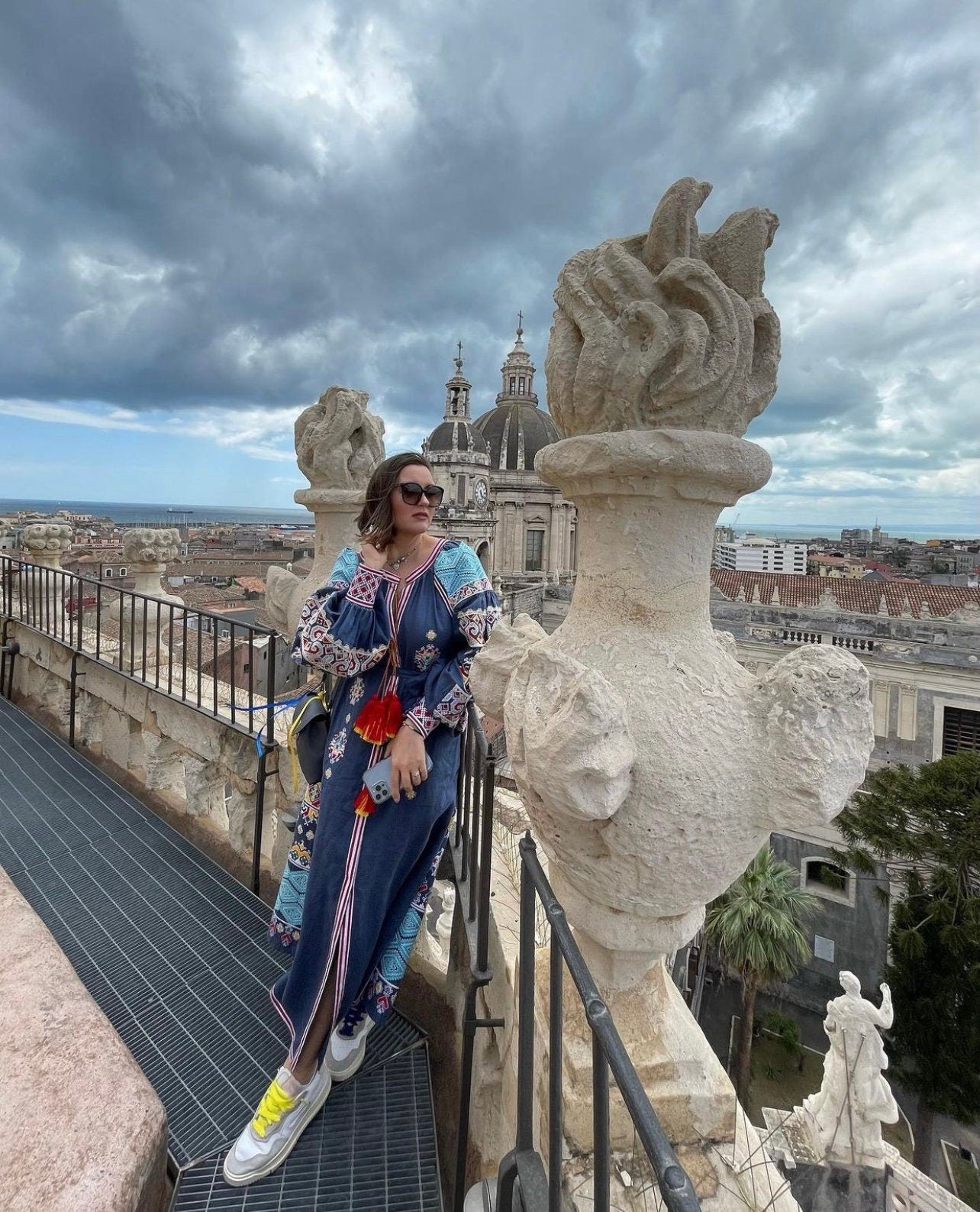 Ukrainian Embroidered Blue Boho Linen Dress for Women