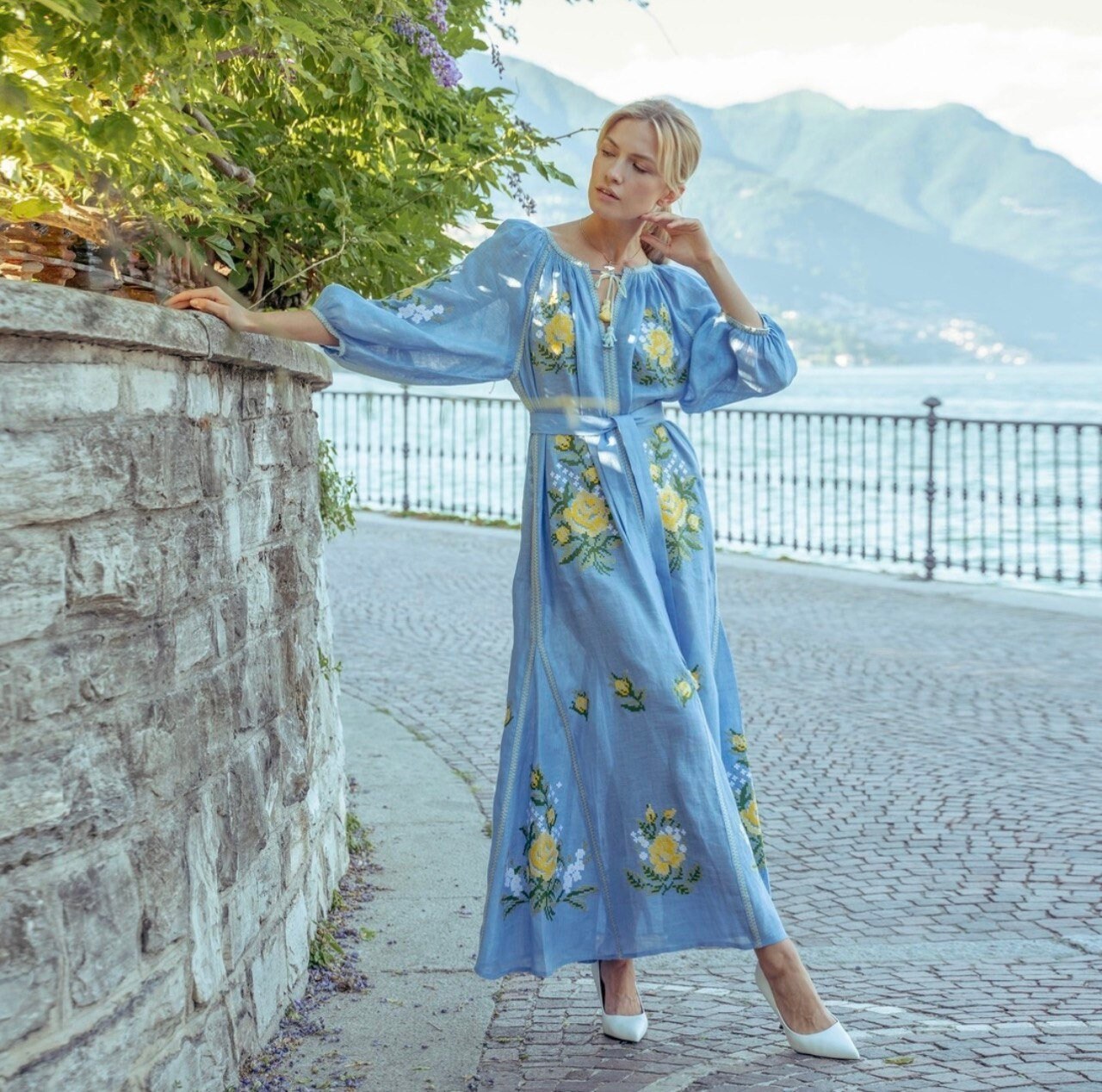 BLUE Ukrainian Embroidered Linen Boho Dress for Women