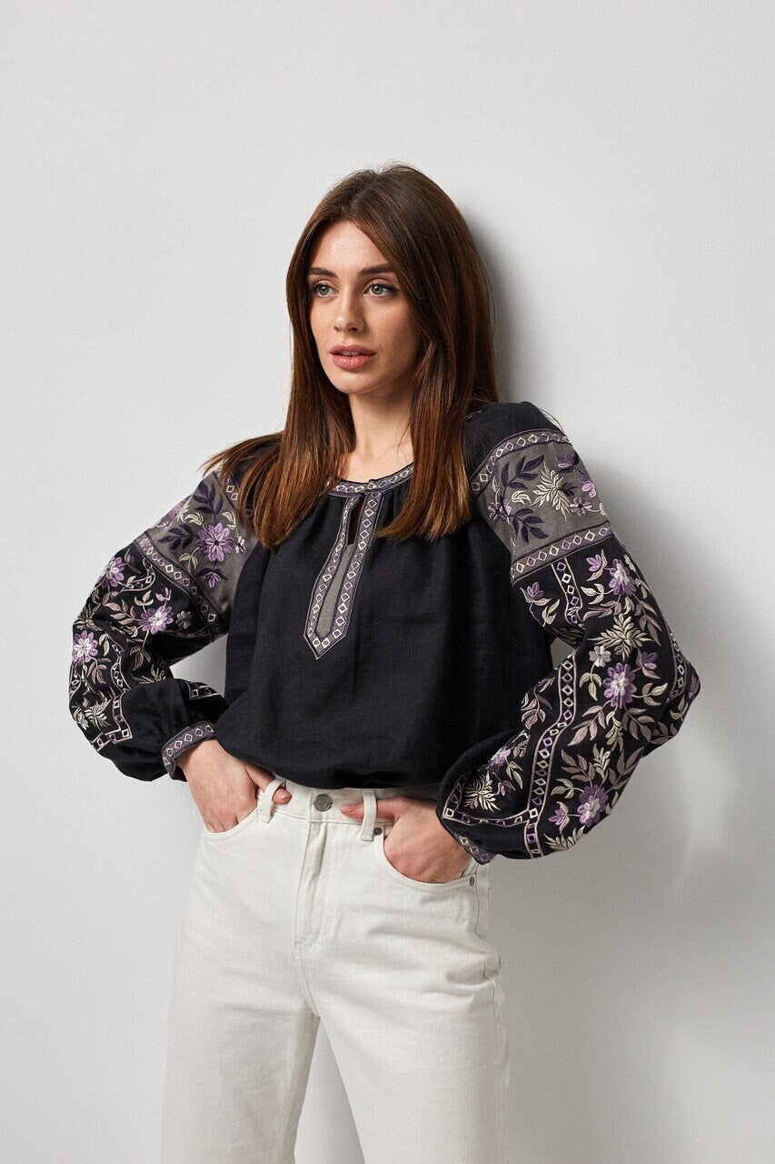 Black Linen Embroidered Ukrainian Vyshyvanka Blouse for Women
