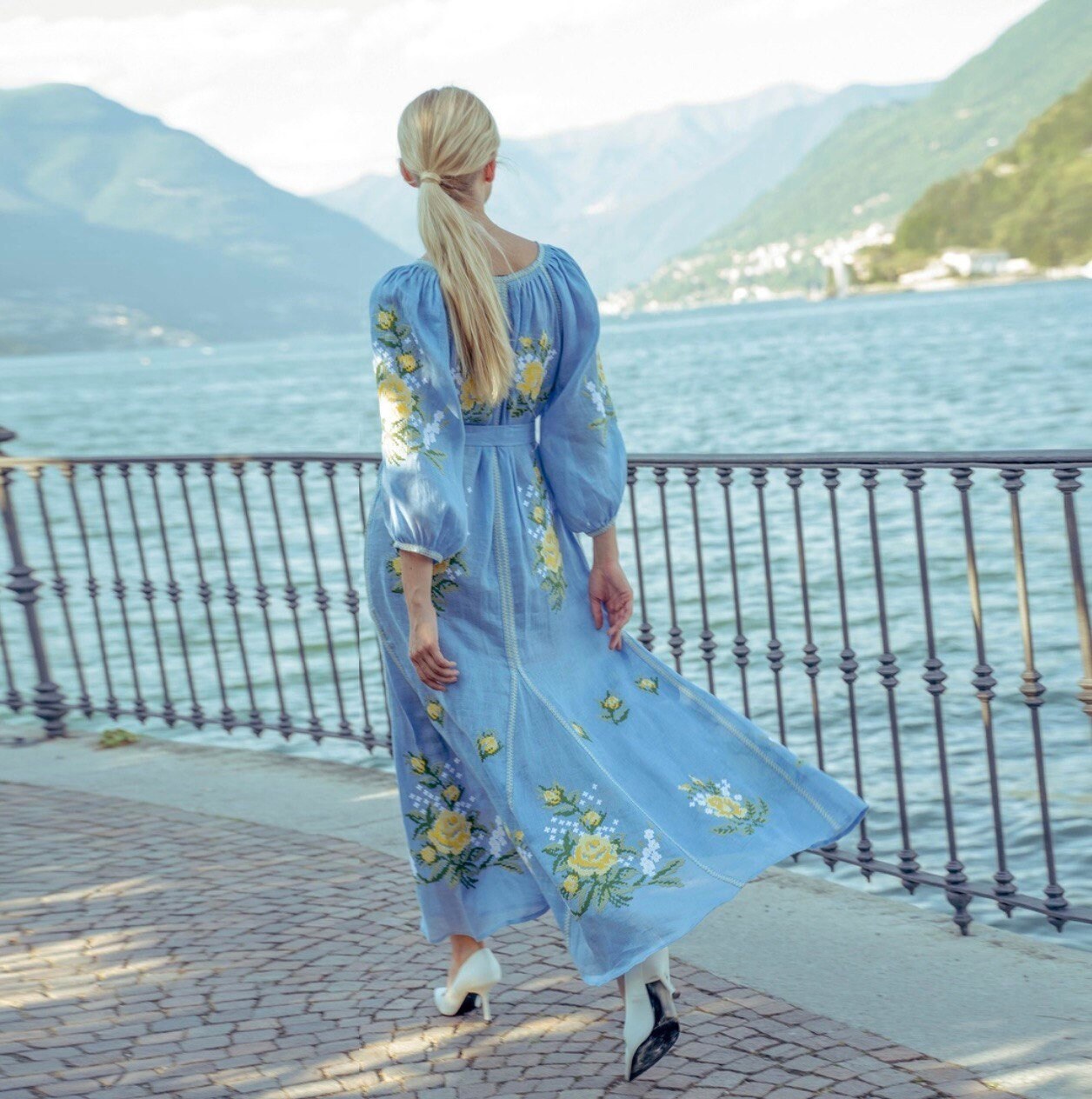 BLUE Ukrainian Embroidered Linen Boho Dress for Women