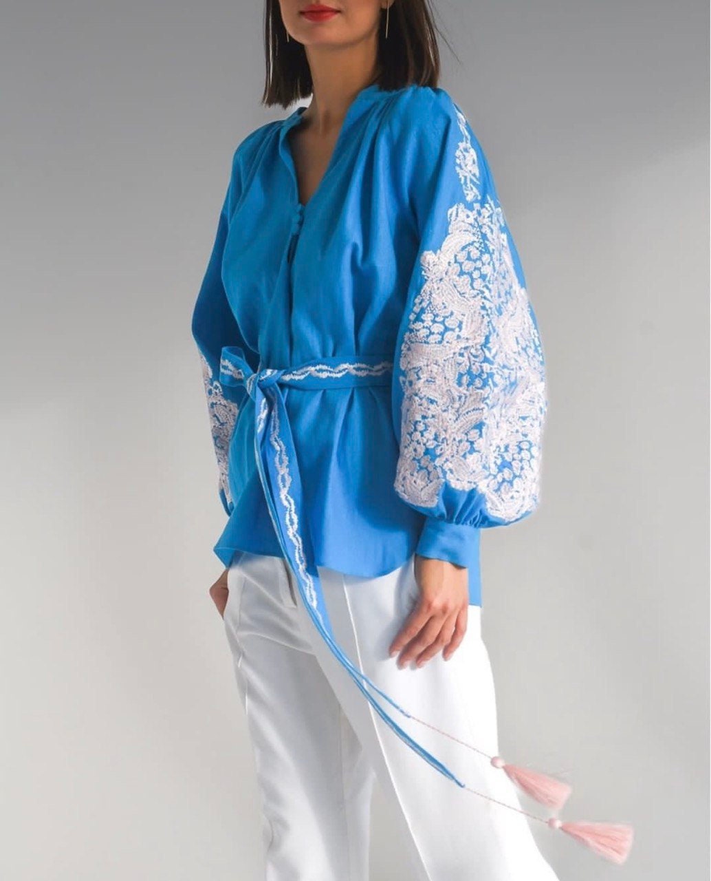 Blue Embroidered Ukrainian Vyshyvanka Linen Blouse for Women