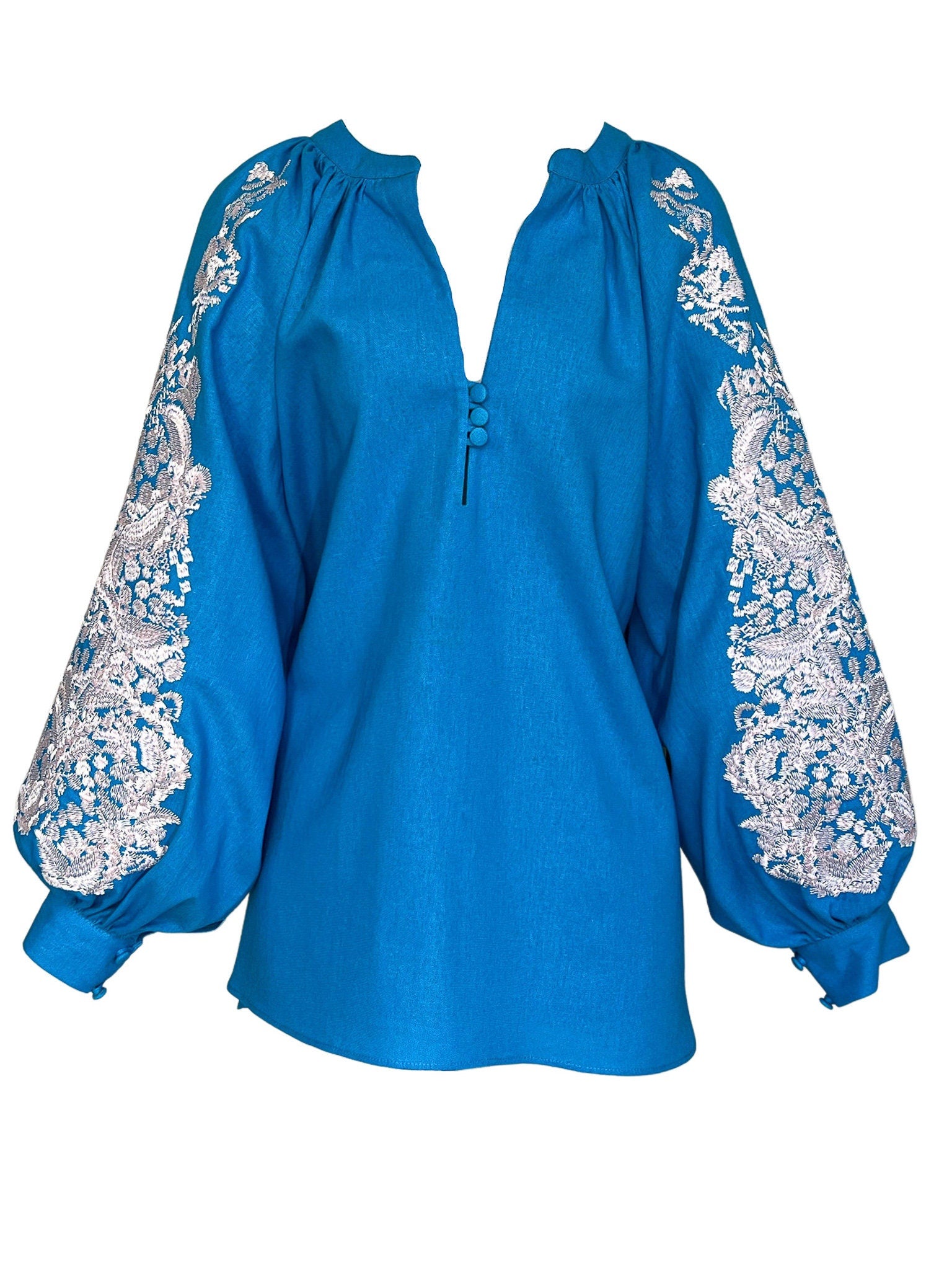 Blue Embroidered Ukrainian Vyshyvanka Linen Blouse for Women
