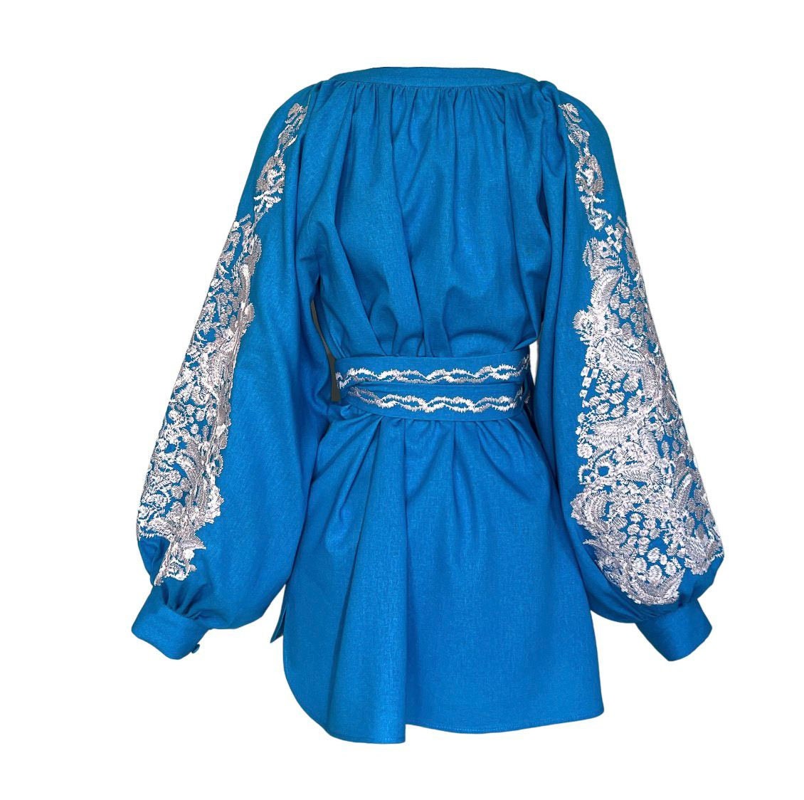 Blue Embroidered Ukrainian Vyshyvanka Linen Blouse for Women