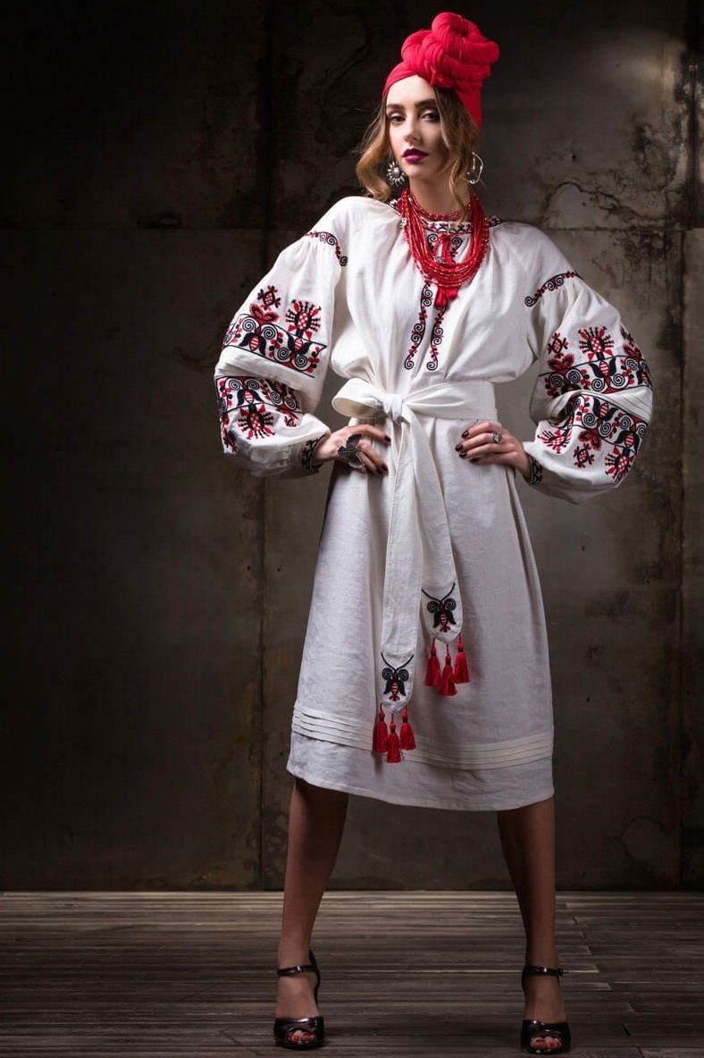 White Embroidered Ukrainian Vyshyvanka Dress - Boho Linen for Women