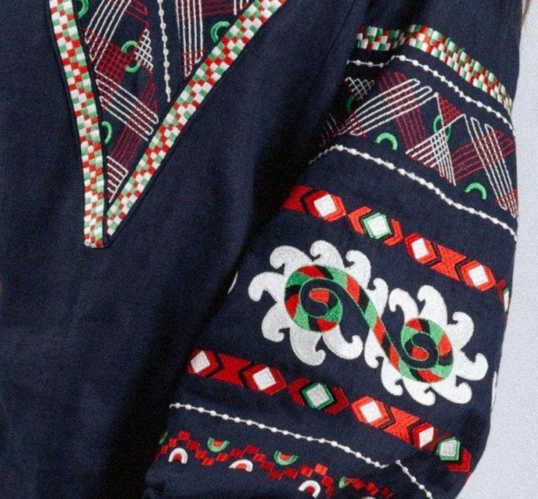 Blue Linen Vyshyvanka Blouse with Red-White Embroidery for Women