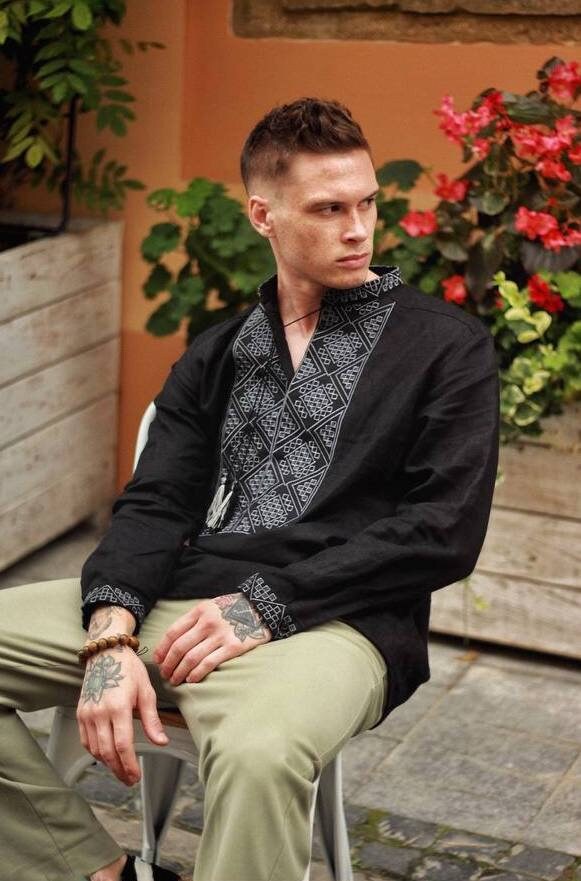Men's Black Ukrainian Vyshyvanka - Linen Embroidered Shirt for Easter