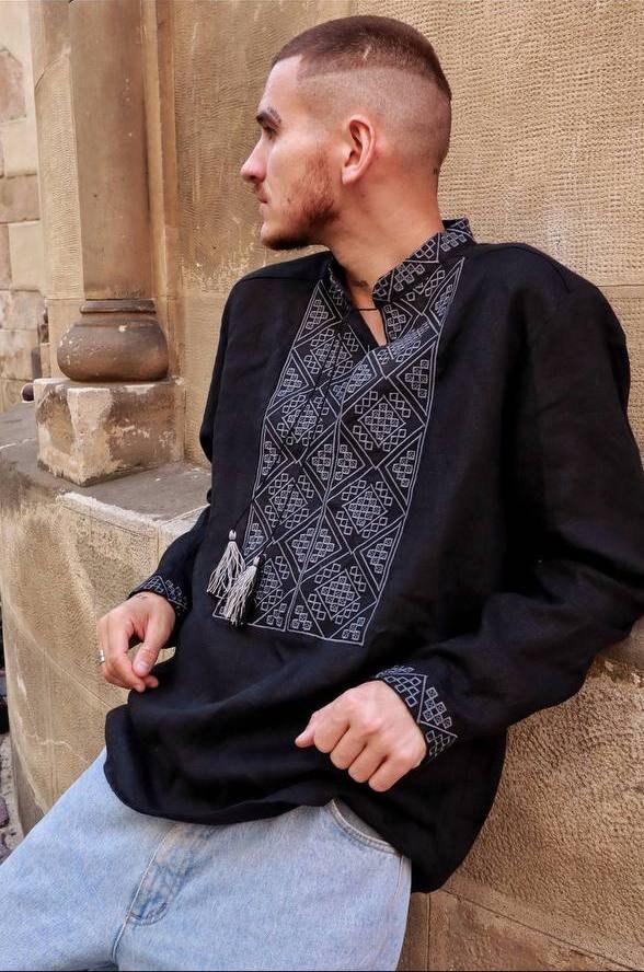 Men's Black Ukrainian Vyshyvanka - Linen Embroidered Shirt for Easter