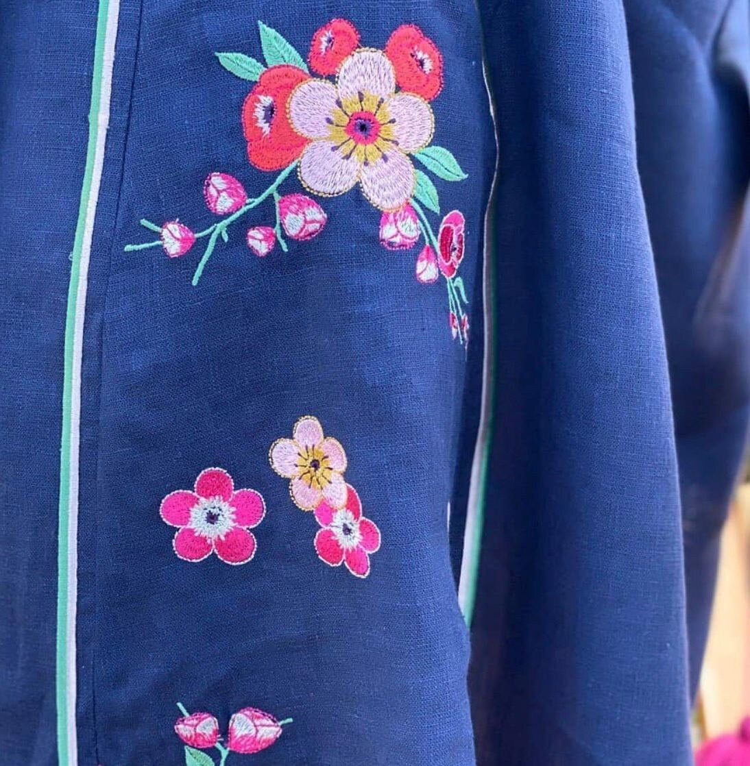 Blue Dress With Red Embroidery, Ukrainian Embroidered Dress, Blue Linen Dress, Women's Dress with Long Sleeve, Ukrainian Traditional Dress