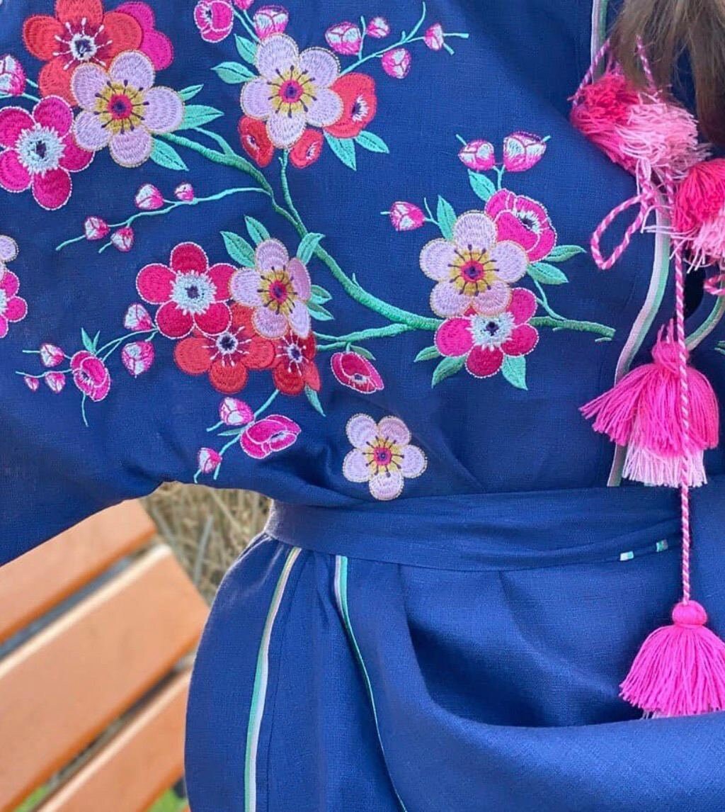 Blue Dress With Red Embroidery, Ukrainian Embroidered Dress, Blue Linen Dress, Women's Dress with Long Sleeve, Ukrainian Traditional Dress