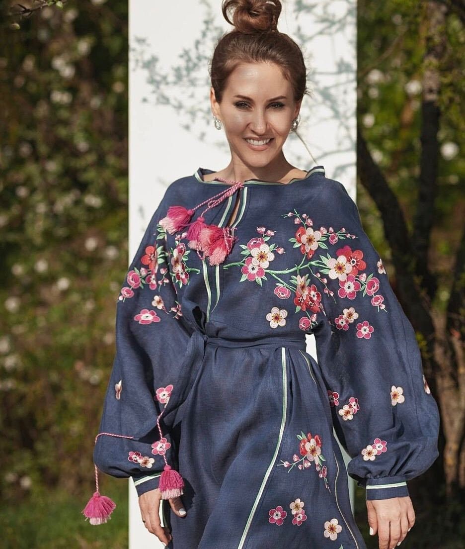 Blue Dress With Red Embroidery, Ukrainian Embroidered Dress, Blue Linen Dress, Women's Dress with Long Sleeve, Ukrainian Traditional Dress