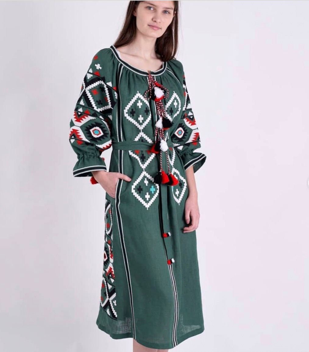 Ukrainian vyshyvanka green dress with multicolor geometric embroidery linen Ethnic boho dress tunic Bohemian abaya kaftan robe Vita Kin
