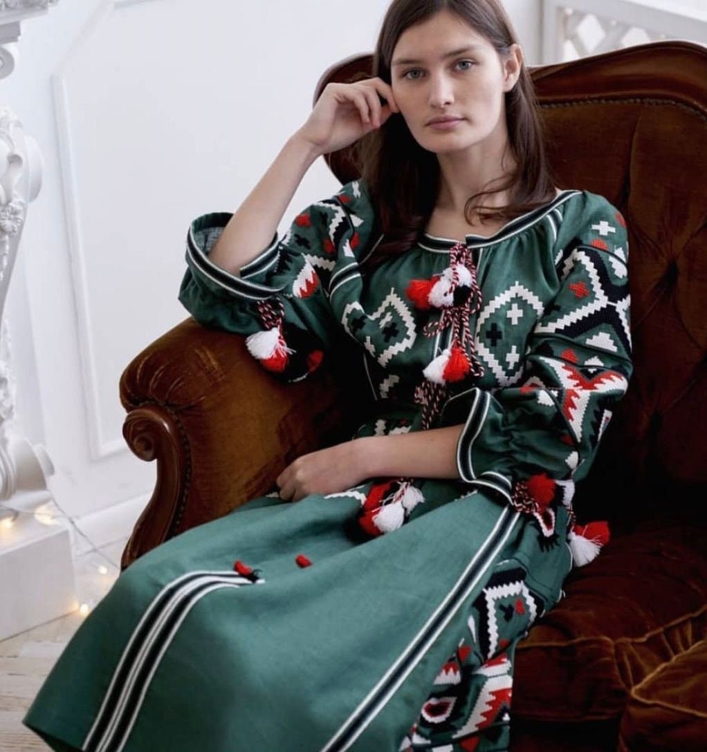 Ukrainian vyshyvanka green dress with multicolor geometric embroidery linen Ethnic boho dress tunic Bohemian abaya kaftan robe Vita Kin