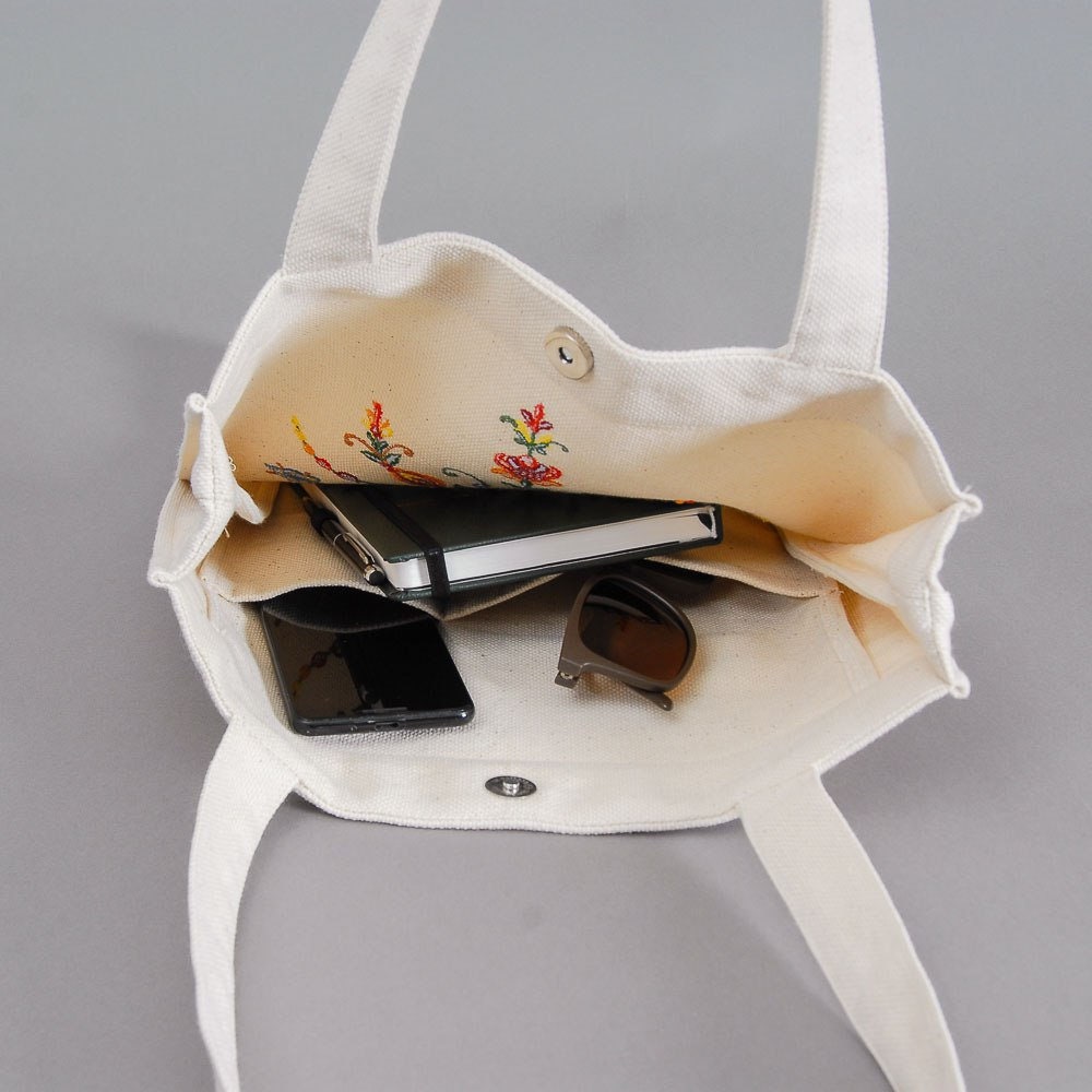 Embroidered Organic Linen Bag - Bright Floral Summer Tote