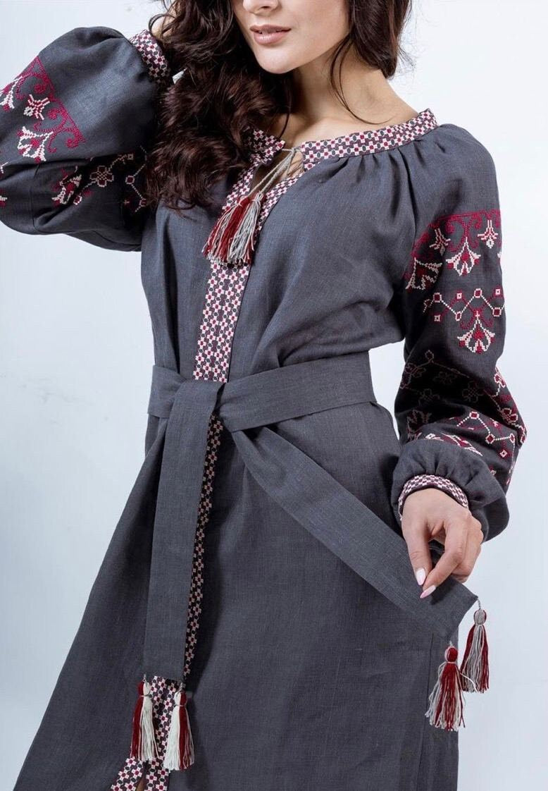 Gray Ukrainian Vyshyvanka Dress - Embroidered Women's Fashion
