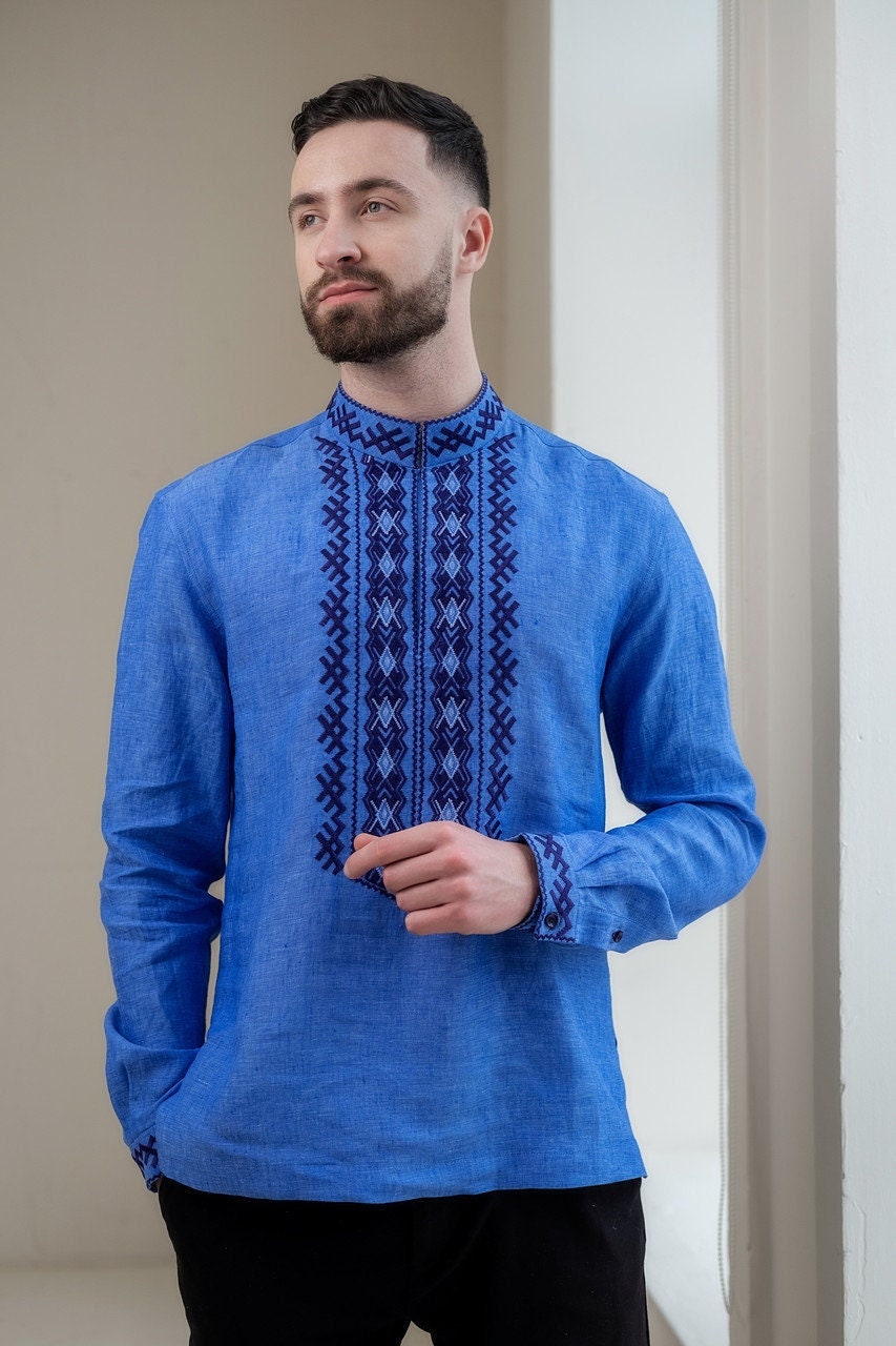 Blue Ukrainian Embroidered Shirt for Men - Traditional White Shirt
