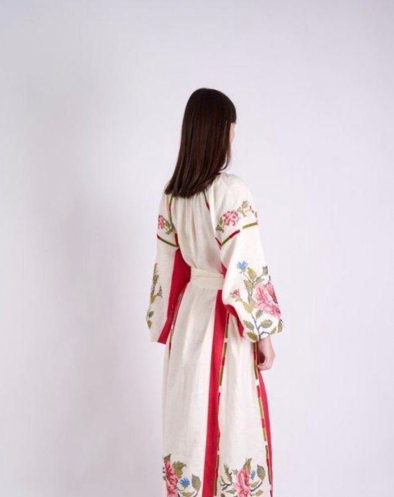 Ukrainian Vyshyvanka Linen Embroidered Kaftan Dress - Boho Style