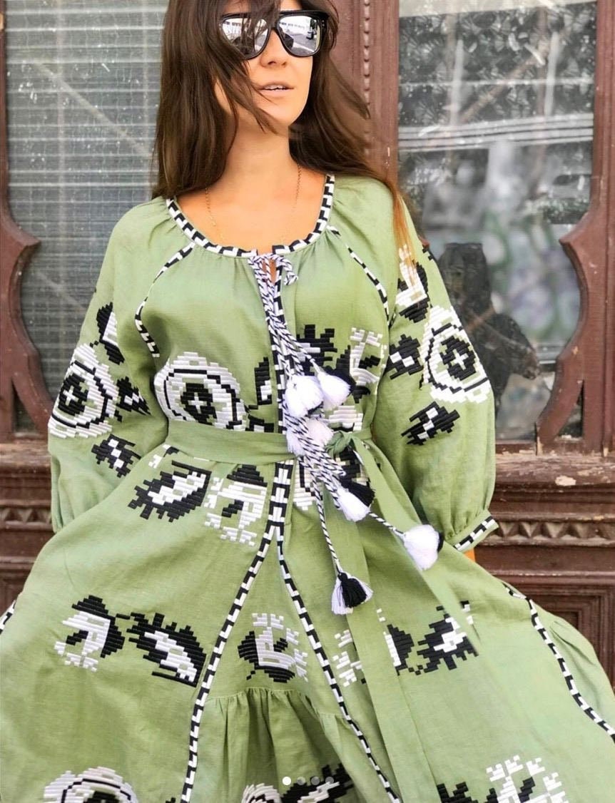 Green Linen Embroidered Ukrainian Vyshyvanka Kaftan Dress - Boho Style